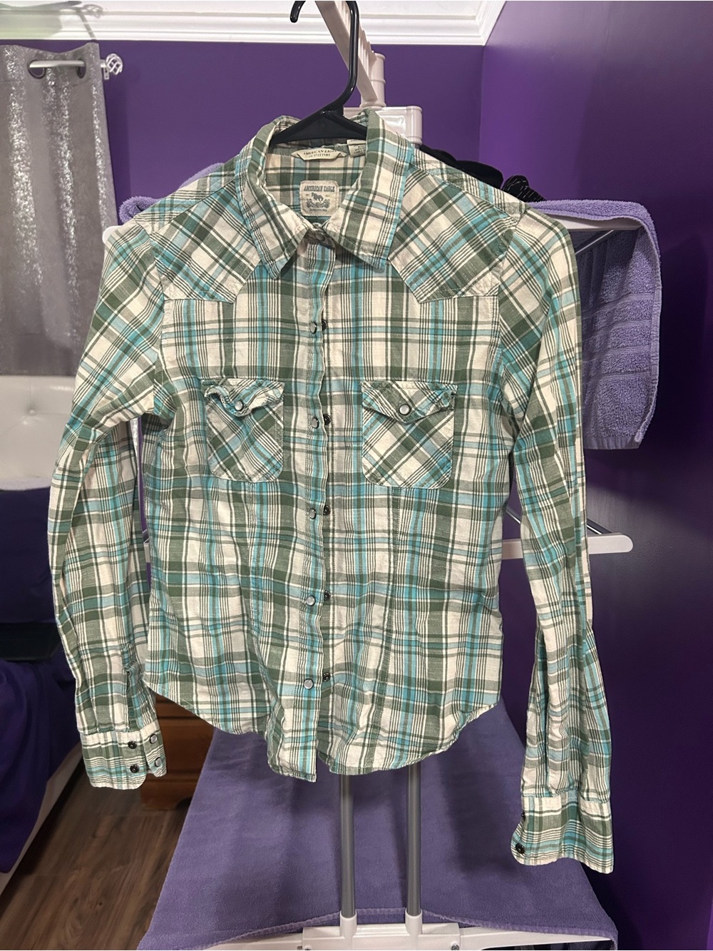 Vintage American Eagle Outfitters Plaid Pearl Snap Shirt Size XS Y2K Western